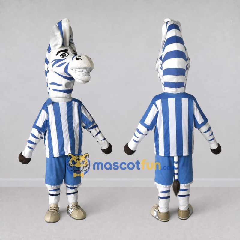 Custom Blue and White Zebra in Sportswear Mascot Costume Adult Full Body Suit for Sports Events Custom Blue and White Zebra in Sportswear Mascot Costume Adult Full Body Suit for Sports Events