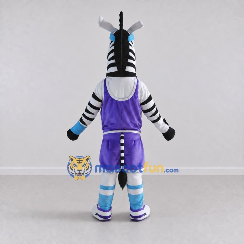 Custom Black and Purple Zebra in Sportswear Mascot Costume Adult Full Body Suit for Sports Events Custom Black and Purple Zebra in Sportswear Mascot Costume Adult Full Body Suit for Sports Events