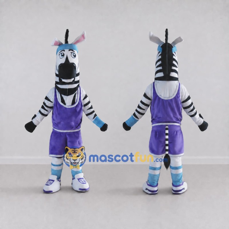 Custom Black and Purple Zebra in Sportswear Mascot Costume Adult Full Body Suit for Sports Events Custom Black and Purple Zebra in Sportswear Mascot Costume Adult Full Body Suit for Sports Events