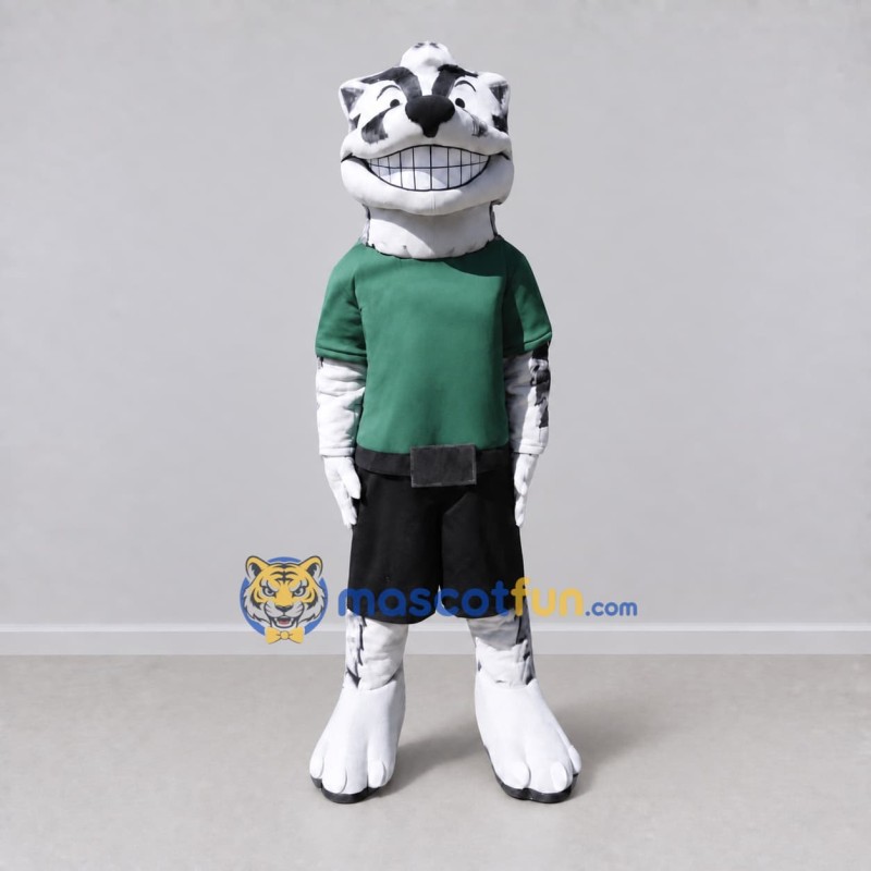 Custom White and Green Tiger in Sportswear Mascot Costume Adult Full Body Suit for Sports Events Custom White and Green Tiger in Sportswear Mascot Costume Adult Full Body Suit for Sports Events