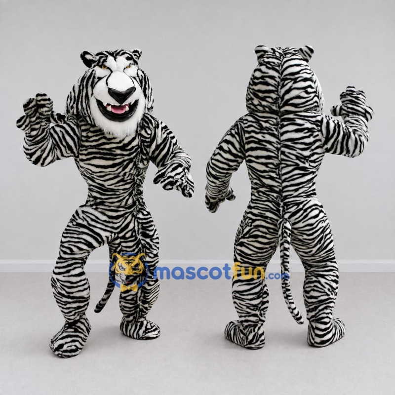 Custom White and Black Tiger Mascot Costume Adult Full Body Suit for Wildlife Events Custom White and Black Tiger Mascot Costume Adult Full Body Suit for Wildlife Events
