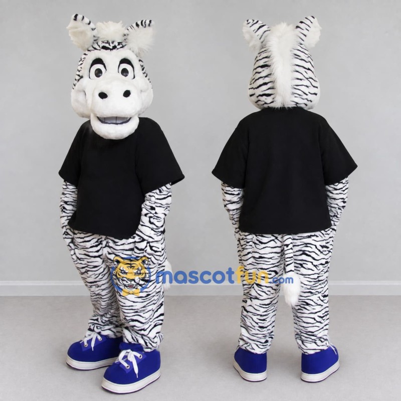 Custom Black and White Zebra in a T-Shirt Mascot Costume Adult Full Body Suit for School Events Custom Black and White Zebra in a T-Shirt Mascot Costume Adult Full Body Suit for School Events