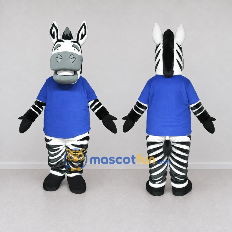 Custom Black and Blue Zebra in a T-Shirt Mascot Costume Adult Full Body Suit for School Events Custom Black and Blue Zebra in a T-Shirt Mascot Costume Adult Full Body Suit for School Events