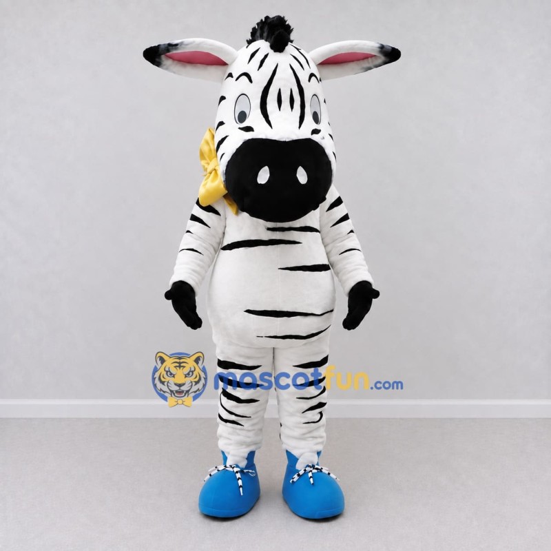 Custom Black and White Zebra with a Yellow Bow Tie Mascot Costume Adult Full Body Suit for School Events Custom Black and White Zebra with a Yellow Bow Tie Mascot Costume Adult Full Body Suit for School Events