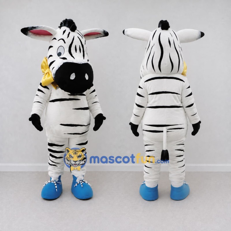 Custom Black and White Zebra with a Yellow Bow Tie Mascot Costume Adult Full Body Suit for School Events Custom Black and White Zebra with a Yellow Bow Tie Mascot Costume Adult Full Body Suit for School Events