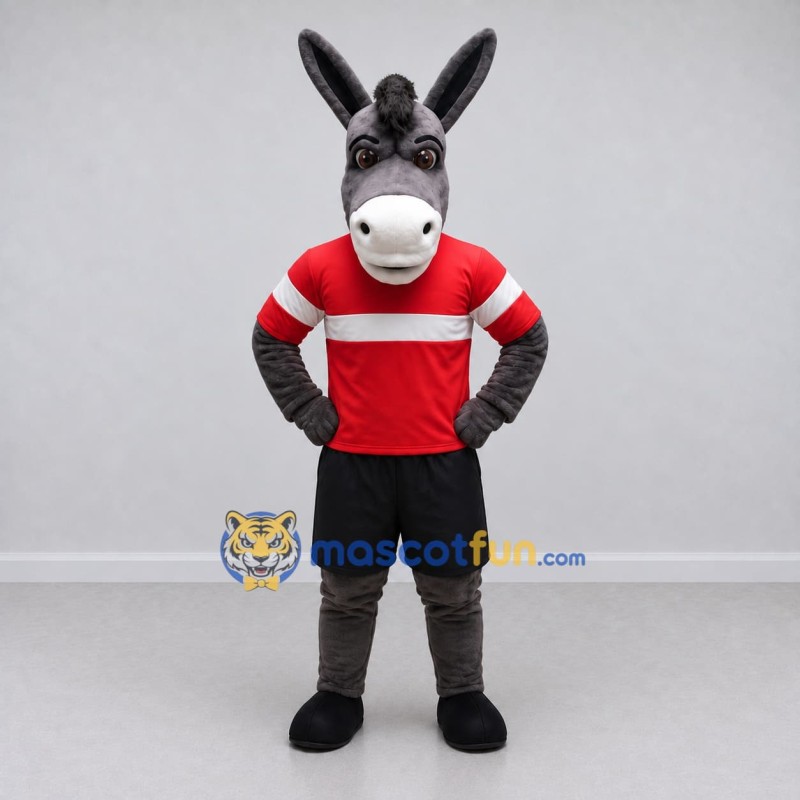 Custom Gray and Red Donkey in Sportswear Mascot Costume Adult Full Body Suit for Sports Events Custom Gray and Red Donkey in Sportswear Mascot Costume Adult Full Body Suit for Sports Events
