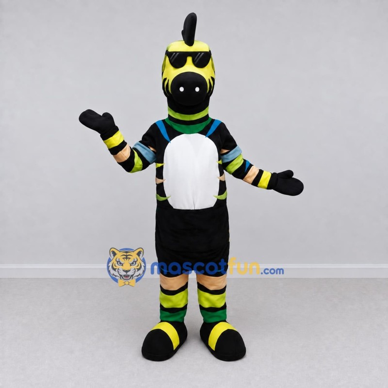 Custom Yellow and Black Zebra in Sunglasses and Sportswear Mascot Costume Adult Full Body Suit for Sports Events Custom Yellow and Black Zebra in Sunglasses and Sportswear Mascot Costume Adult Full Body Suit for Sports Events