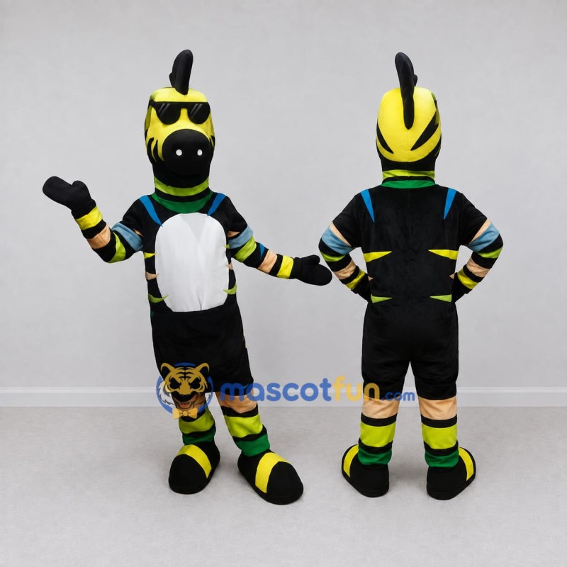 Custom Yellow and Black Zebra in Sunglasses and Sportswear Mascot Costume Adult Full Body Suit for Sports Events Custom Yellow and Black Zebra in Sunglasses and Sportswear Mascot Costume Adult Full Body Suit for Sports Events
