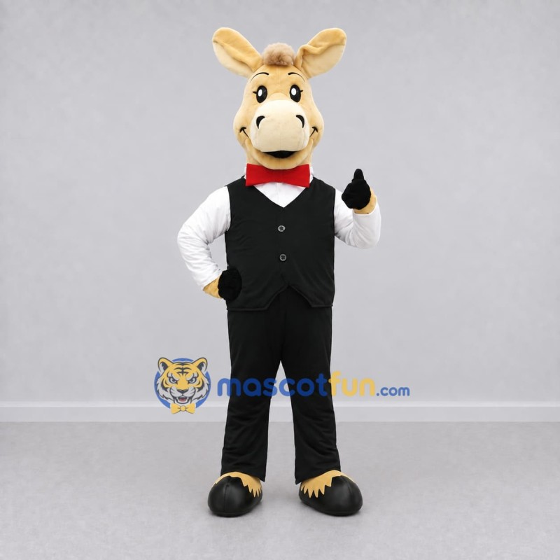 Custom Tan and Black Donkey in a Vest and Bow Tie Mascot Costume Adult Full Body Suit for Theme Parties