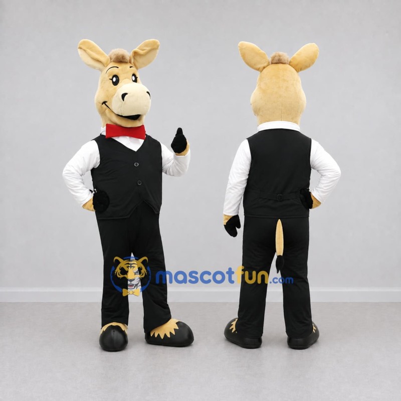 Custom Tan and Black Donkey in a Vest and Bow Tie Mascot Costume Adult Full Body Suit for Theme Parties