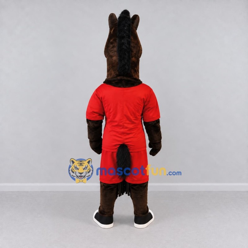 Custom Brown and Red Horse in Sportswear Mascot Costume Adult Full Body Suit for Sports Events Custom Brown and Red Horse in Sportswear Mascot Costume Adult Full Body Suit for Sports Events