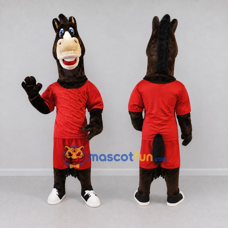 Custom Brown and Red Horse in Sportswear Mascot Costume Adult Full Body Suit for Sports Events Custom Brown and Red Horse in Sportswear Mascot Costume Adult Full Body Suit for Sports Events