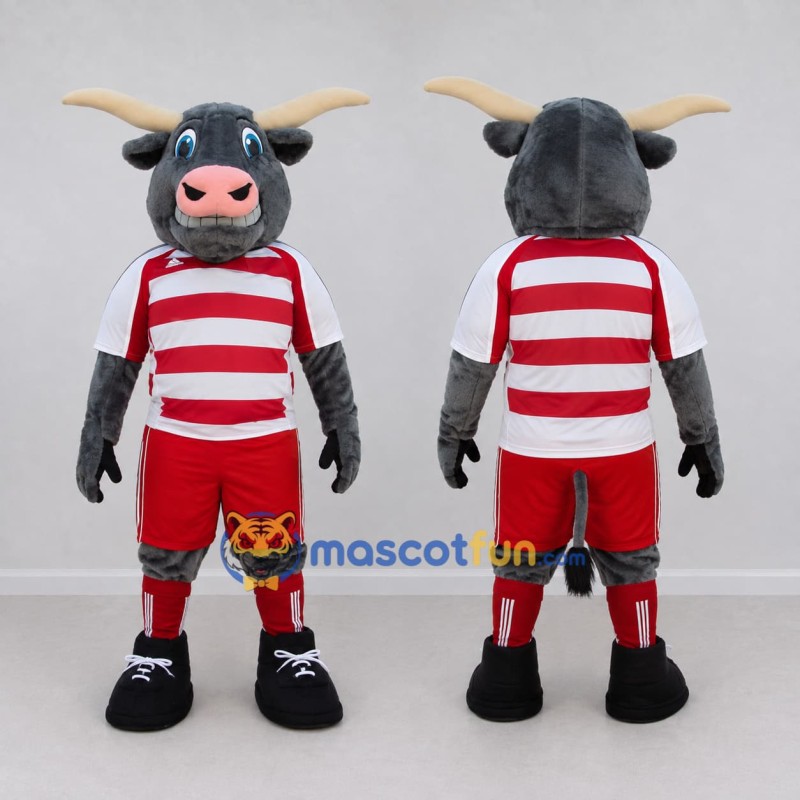 Custom Gray and Red Bull in Sportswear Mascot Costume Adult Full Body Suit for Sports Events Custom Gray and Red Bull in Sportswear Mascot Costume Adult Full Body Suit for Sports Events