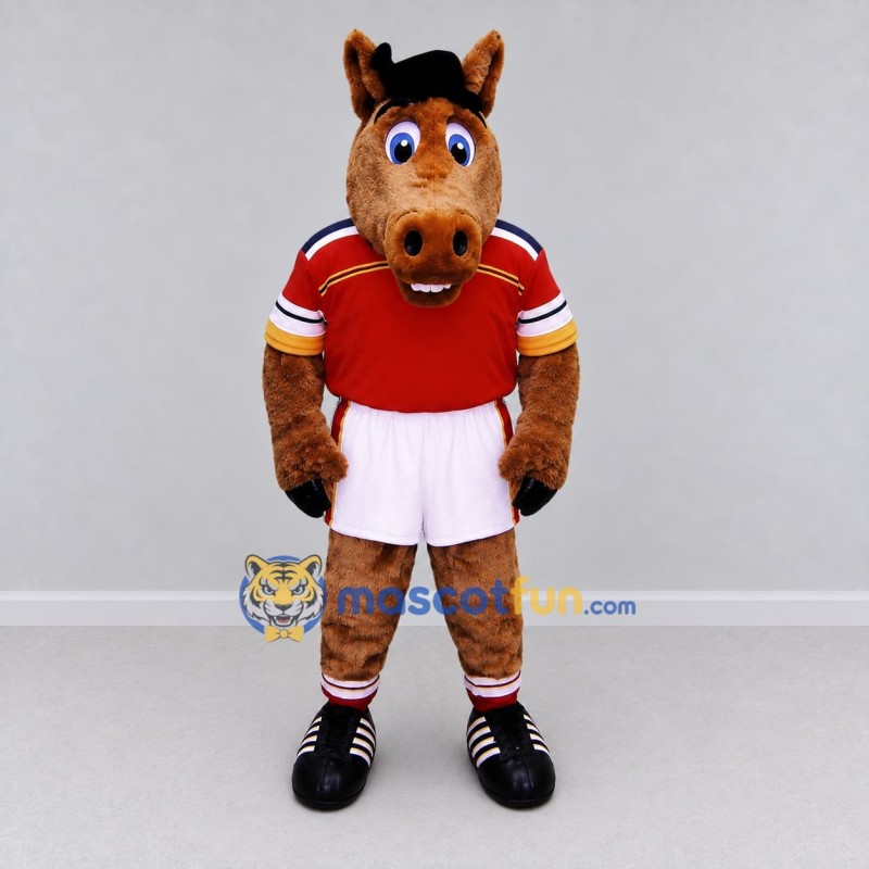 Custom Brown and Red Horse in Sportswear Mascot Costume Adult Full Body Suit for Sports Events Custom Brown and Red Horse in Sportswear Mascot Costume Adult Full Body Suit for Sports Events