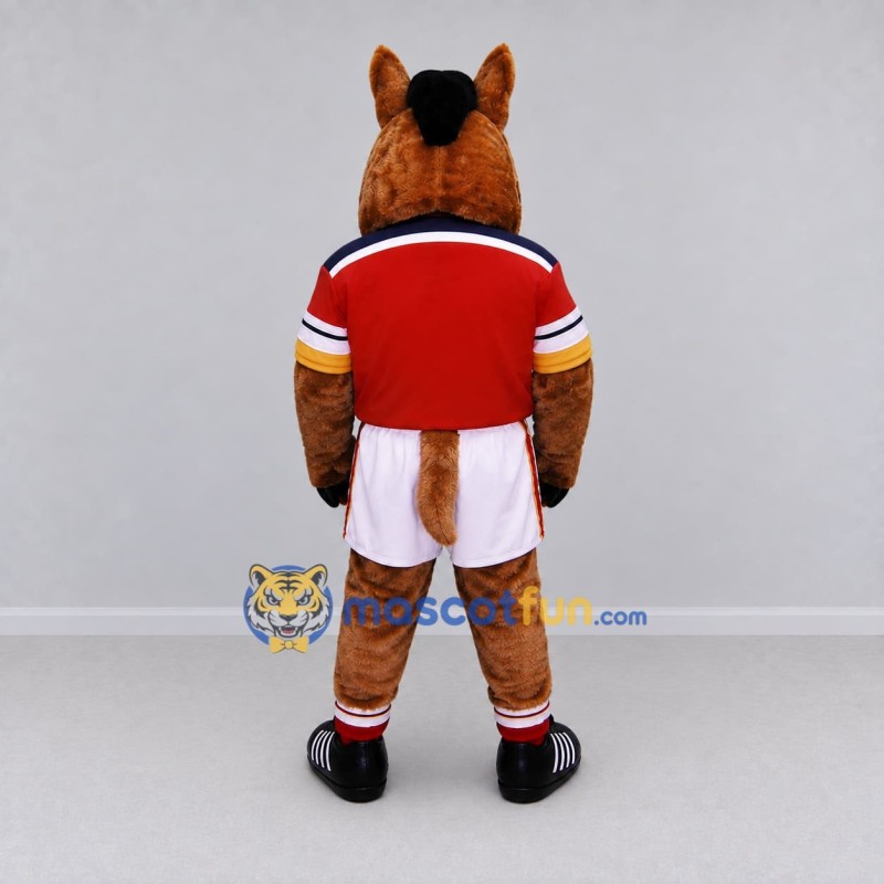 Custom Brown and Red Horse in Sportswear Mascot Costume Adult Full Body Suit for Sports Events Custom Brown and Red Horse in Sportswear Mascot Costume Adult Full Body Suit for Sports Events