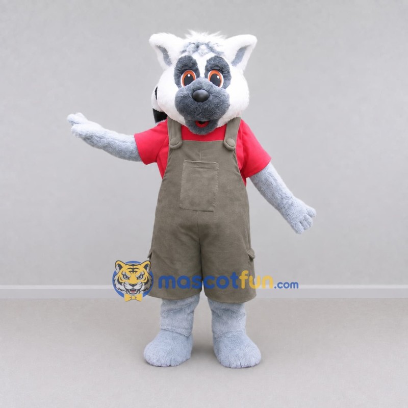 Custom Gray and Red Ring-Tailed Lemur in Overalls Mascot Costume Adult Full Body Suit for Wildlife Events Custom Gray and Red Ring-Tailed Lemur in Overalls Mascot Costume Adult Full Body Suit for Wildlife Events