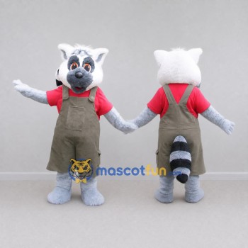 Custom Gray and Red Ring-Tailed Lemur in Overalls Mascot Costume Adult Full Body Suit for Wildlife Events
