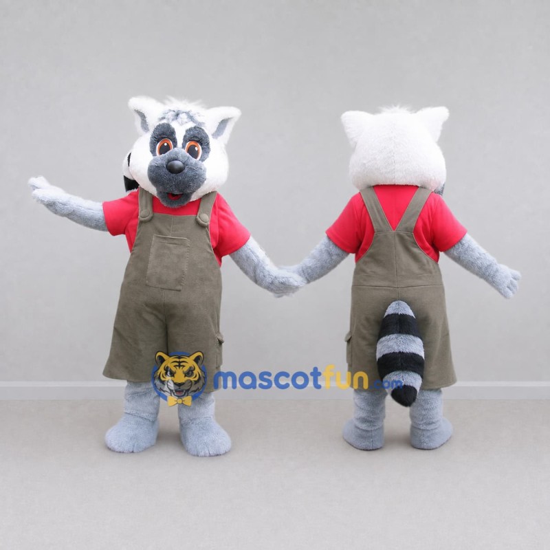 Custom Gray and Red Ring-Tailed Lemur in Overalls Mascot Costume Adult Full Body Suit for Wildlife Events Custom Gray and Red Ring-Tailed Lemur in Overalls Mascot Costume Adult Full Body Suit for Wildlife Events