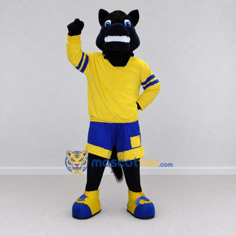 Custom Black and Yellow Horse in Sportswear Mascot Costume Adult Full Body Suit for Sports Events Custom Black and Yellow Horse in Sportswear Mascot Costume Adult Full Body Suit for Sports Events