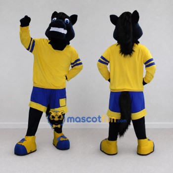 Custom Black and Yellow Horse in Sportswear Mascot Costume Adult Full Body Suit for Sports Events