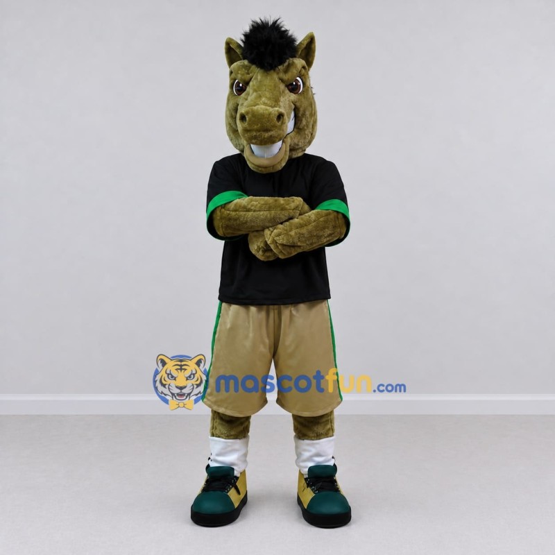 Custom Brown and Black Horse in Sportswear Mascot Costume Adult Full Body Suit for Sports Events Custom Brown and Black Horse in Sportswear Mascot Costume Adult Full Body Suit for Sports Events