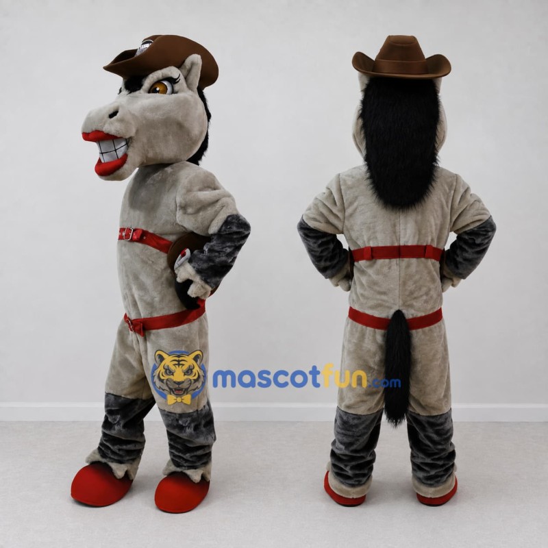 Custom Gray and Brown Horse in a Cowboy Hat Mascot Costume Adult Full Body Suit for Theme Parties Custom Gray and Brown Horse in a Cowboy Hat Mascot Costume Adult Full Body Suit for Theme Parties