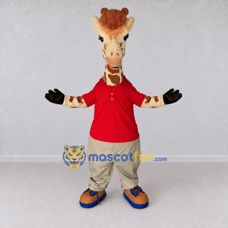 Custom Tan and Red Giraffe in a Shirt and Pants Mascot Costume Adult Full Body Suit for School Events