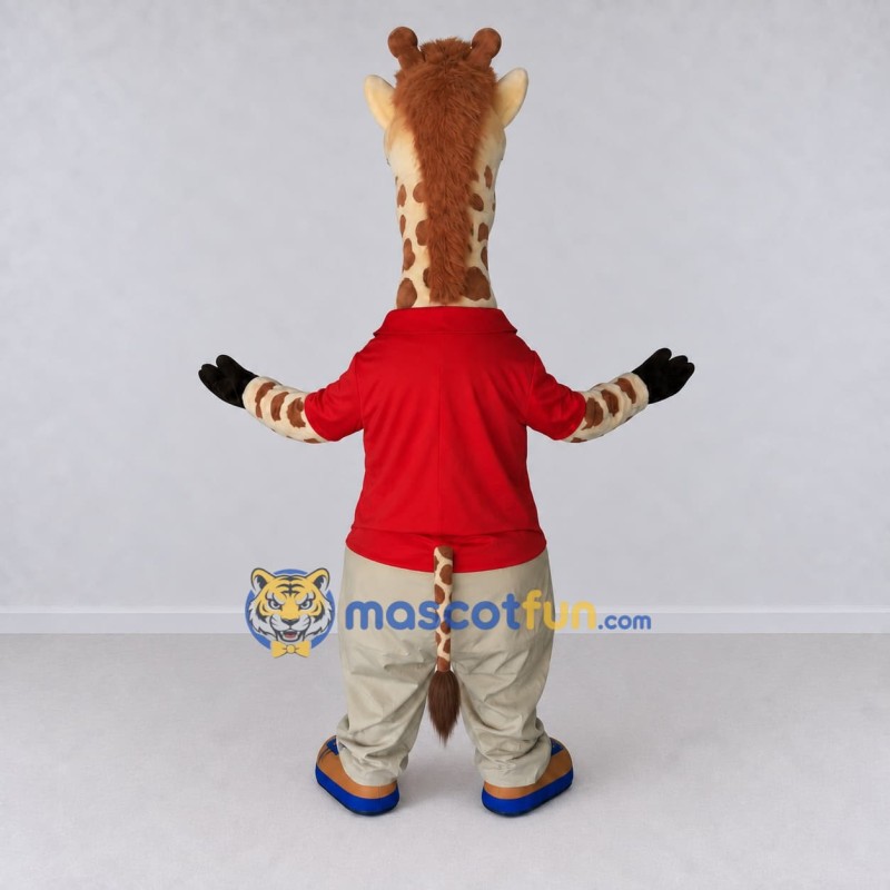 Custom Tan and Red Giraffe in a Shirt and Pants Mascot Costume Adult Full Body Suit for School Events