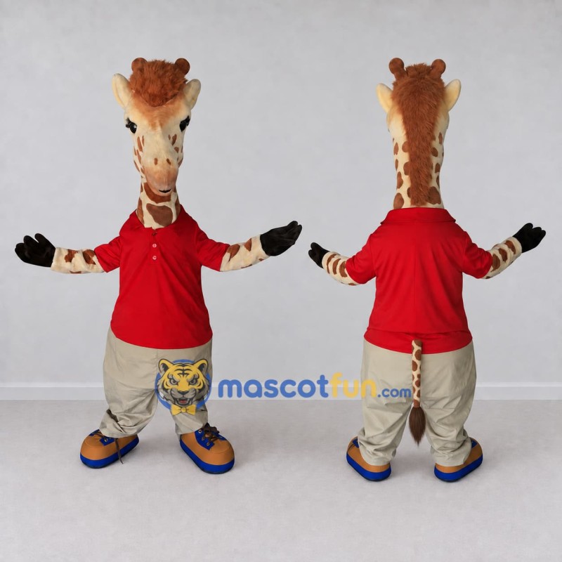 Custom Tan and Red Giraffe in a Shirt and Pants Mascot Costume Adult Full Body Suit for School Events