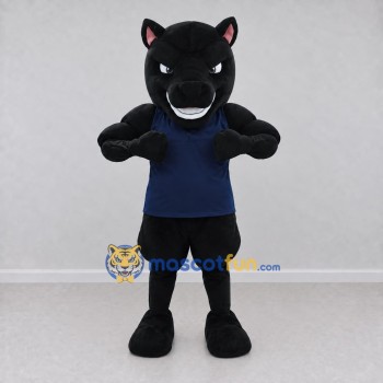 Custom Black and Navy Blue Panther in a T-Shirt Mascot Costume Adult Full Body Suit for Sports Events Custom Black and Navy Blue Panther in a T-Shirt Mascot Costume Adult Full Body Suit for Sports Events