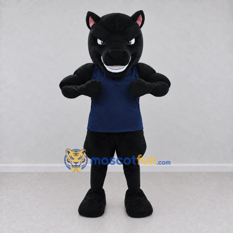 Custom Black and Navy Blue Panther in a T-Shirt Mascot Costume Adult Full Body Suit for Sports Events Custom Black and Navy Blue Panther in a T-Shirt Mascot Costume Adult Full Body Suit for Sports Events