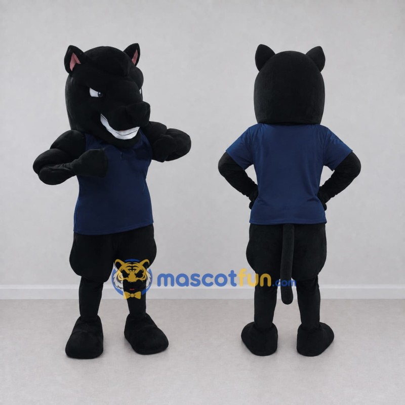 Custom Black and Navy Blue Panther in a T-Shirt Mascot Costume Adult Full Body Suit for Sports Events Custom Black and Navy Blue Panther in a T-Shirt Mascot Costume Adult Full Body Suit for Sports Events
