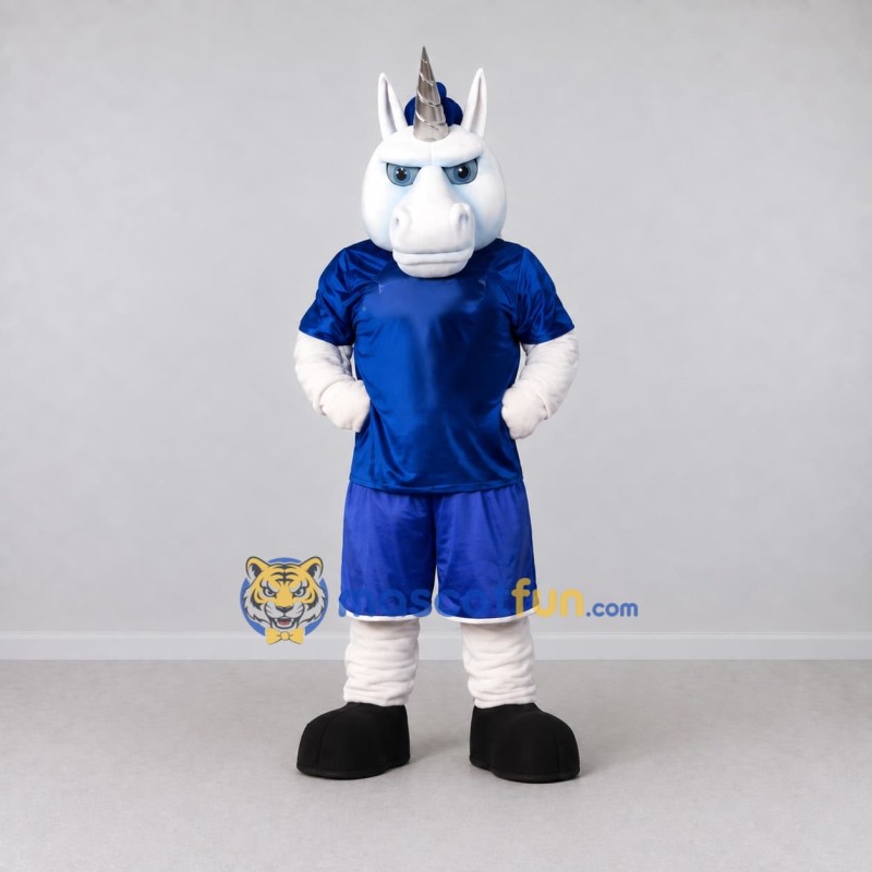 Custom White and Blue Unicorn in Sportswear Mascot Costume Adult Full Body Suit for Sports Events Custom White and Blue Unicorn in Sportswear Mascot Costume Adult Full Body Suit for Sports Events