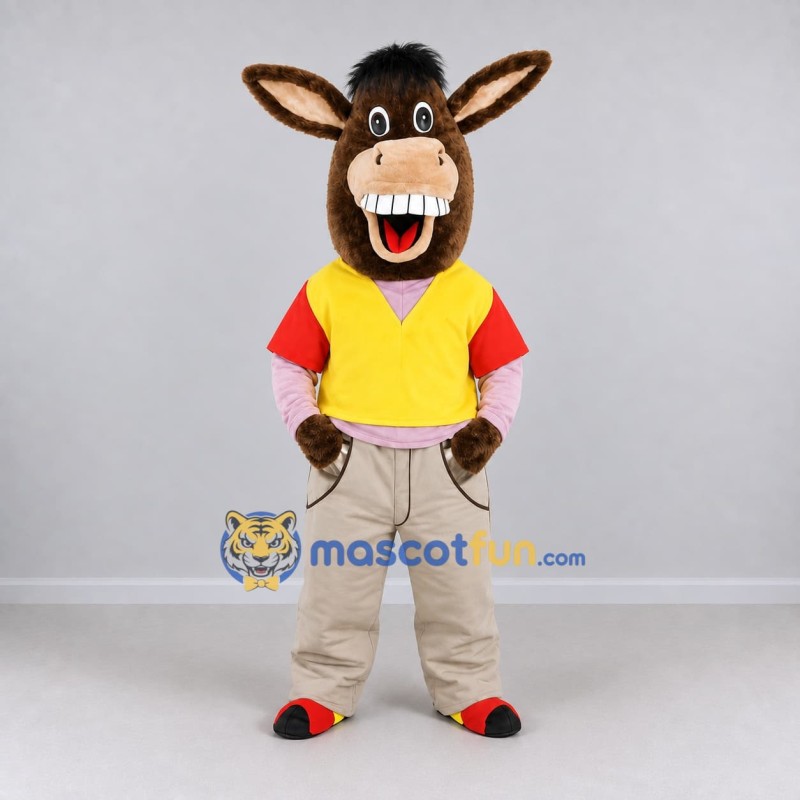 Custom Brown and Yellow Donkey in a Vest and Pants Mascot Costume Adult Full Body Suit for School Events Custom Brown and Yellow Donkey in a Vest and Pants Mascot Costume Adult Full Body Suit for School Events