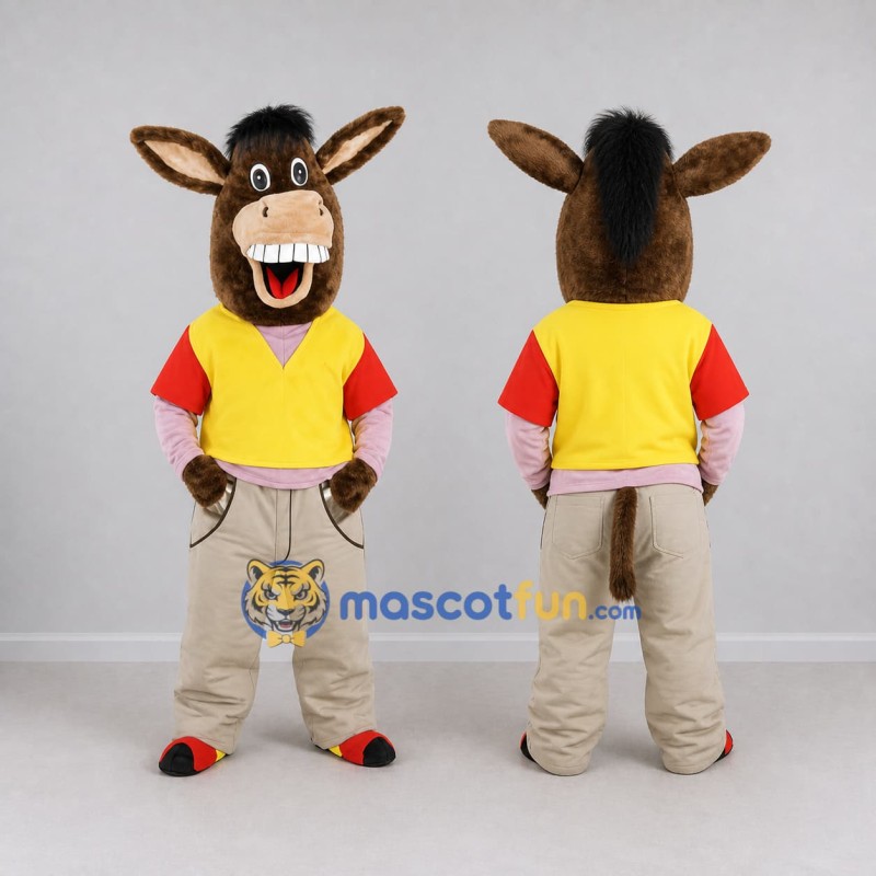 Custom Brown and Yellow Donkey in a Vest and Pants Mascot Costume Adult Full Body Suit for School Events Custom Brown and Yellow Donkey in a Vest and Pants Mascot Costume Adult Full Body Suit for School Events