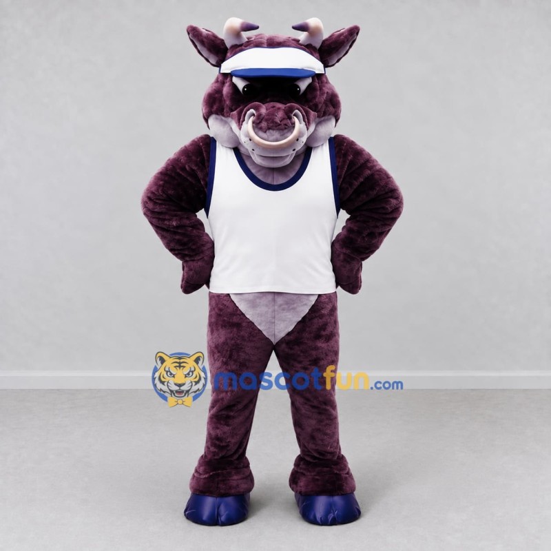 Custom Purple and White Bull in a Visor and Sports Vest Mascot Costume Adult Full Body Suit for Sports Events Custom Purple and White Bull in a Visor and Sports Vest Mascot Costume Adult Full Body Suit for Sports Events
