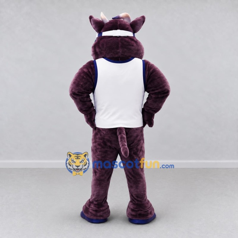 Custom Purple and White Bull in a Visor and Sports Vest Mascot Costume Adult Full Body Suit for Sports Events Custom Purple and White Bull in a Visor and Sports Vest Mascot Costume Adult Full Body Suit for Sports Events