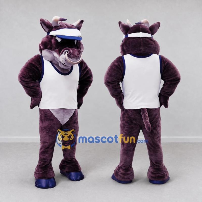 Custom Purple and White Bull in a Visor and Sports Vest Mascot Costume Adult Full Body Suit for Sports Events Custom Purple and White Bull in a Visor and Sports Vest Mascot Costume Adult Full Body Suit for Sports Events