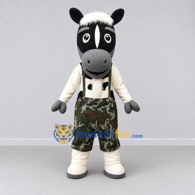 Custom Black and White Horse Character in Camouflage Shorts Mascot Costume Adult Full Body Suit for Outdoor Events Custom Black and White Horse Character in Camouflage Shorts Mascot Costume Adult Full Body Suit for Outdoor Events