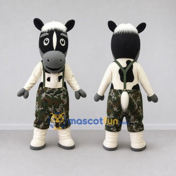 Custom Black and White Horse Character in Camouflage Shorts Mascot Costume Adult Full Body Suit for Outdoor Events