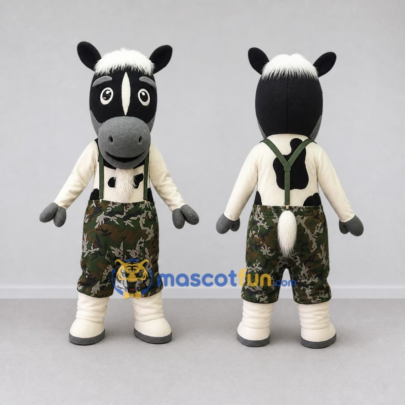 Custom Black and White Horse Character in Camouflage Shorts Mascot Costume Adult Full Body Suit for Outdoor Events Custom Black and White Horse Character in Camouflage Shorts Mascot Costume Adult Full Body Suit for Outdoor Events