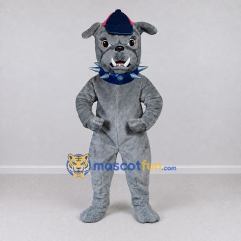 Custom Gray and Blue Bulldog in a Cap and Spiked Collar Mascot Costume Adult Full Body Suit for Sports Events