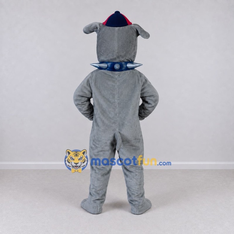 Custom Gray and Blue Bulldog in a Cap and Spiked Collar Mascot Costume Adult Full Body Suit for Sports Events Custom Gray and Blue Bulldog in a Cap and Spiked Collar Mascot Costume Adult Full Body Suit for Sports Events