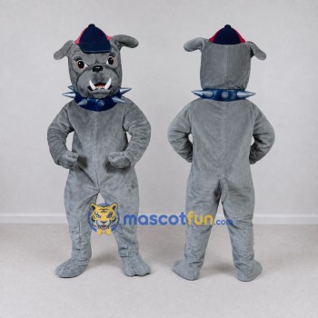 Custom Gray and Blue Bulldog in a Cap and Spiked Collar Mascot Costume Adult Full Body Suit for Sports Events