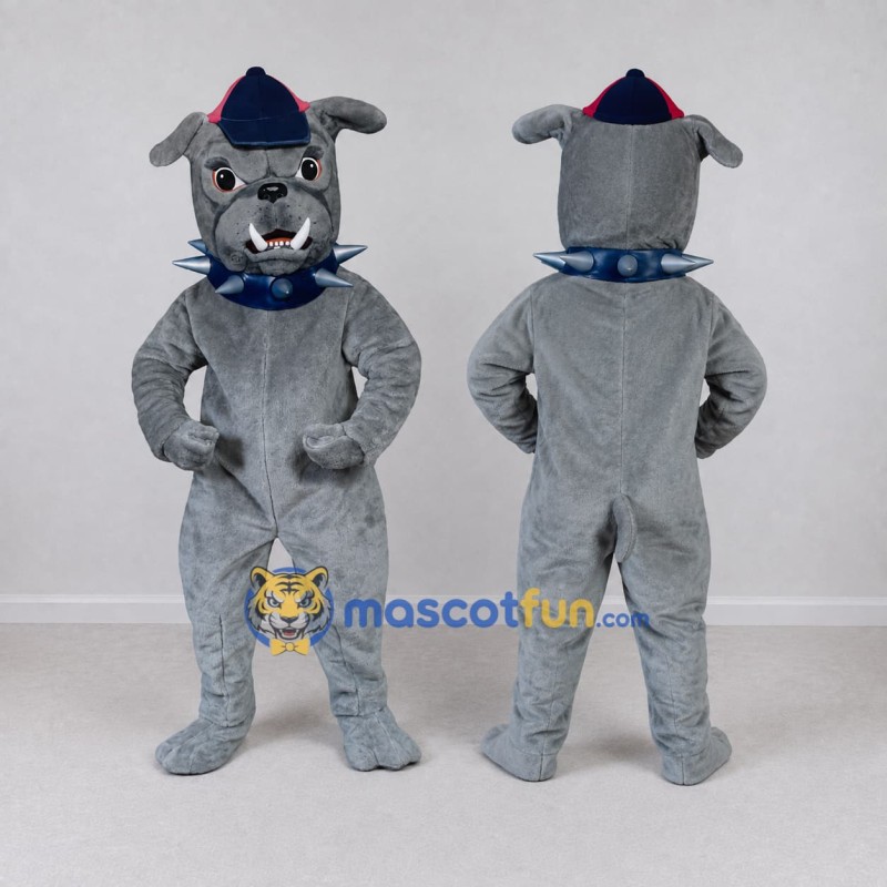 Custom Gray and Blue Bulldog in a Cap and Spiked Collar Mascot Costume Adult Full Body Suit for Sports Events Custom Gray and Blue Bulldog in a Cap and Spiked Collar Mascot Costume Adult Full Body Suit for Sports Events