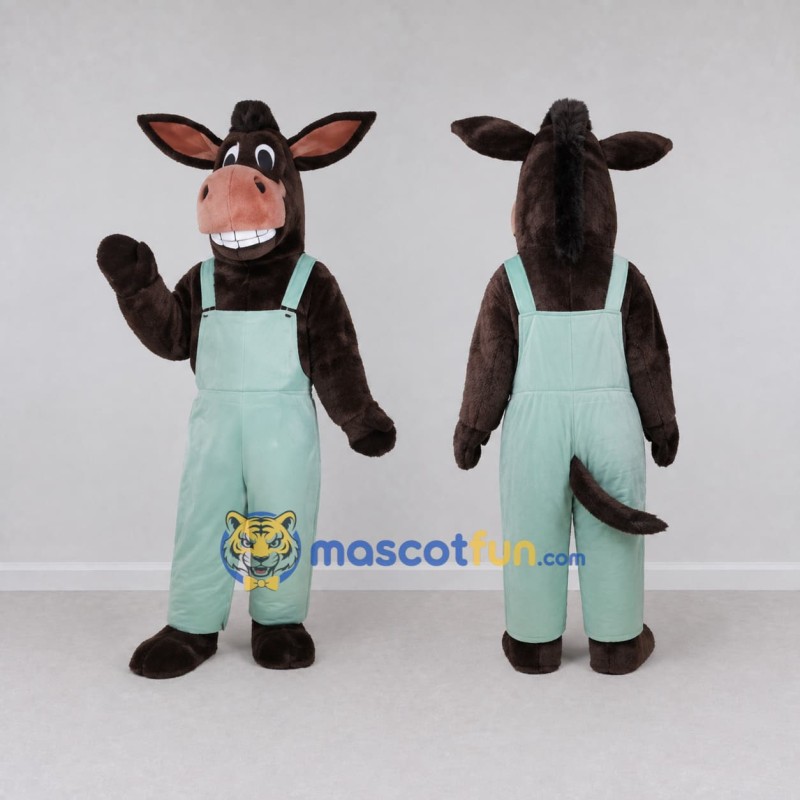 Custom Brown and Mint Green Donkey in Overalls Mascot Costume Adult Full Body Suit for Farm Events Custom Brown and Mint Green Donkey in Overalls Mascot Costume Adult Full Body Suit for Farm Events