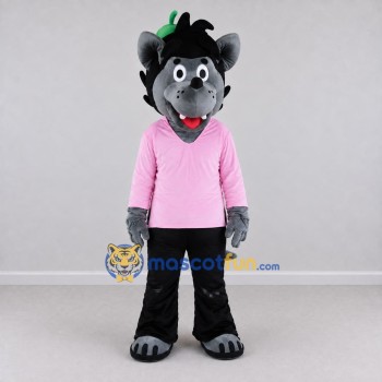 Custom Gray and Pink Wolf in a Shirt and Pants Mascot Costume Adult Full Body Suit for School Events