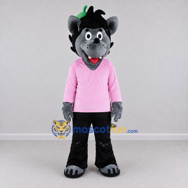Custom Gray and Pink Wolf in a Shirt and Pants Mascot Costume Adult Full Body Suit for School Events Custom Gray and Pink Wolf in a Shirt and Pants Mascot Costume Adult Full Body Suit for School Events