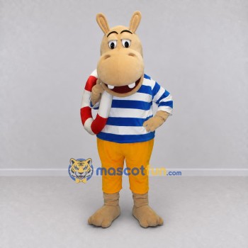 Custom Tan and Blue Hippopotamus in a Striped Shirt Mascot Costume Adult Full Body Suit for Summer Events
