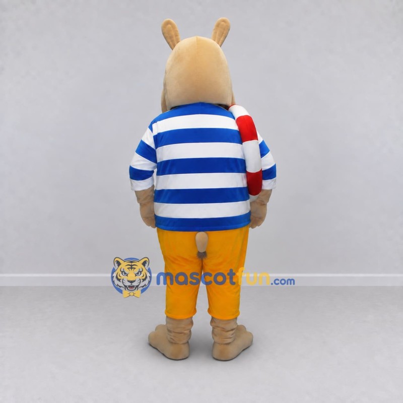 Custom Tan and Blue Hippopotamus in a Striped Shirt Mascot Costume Adult Full Body Suit for Summer Events Custom Tan and Blue Hippopotamus in a Striped Shirt Mascot Costume Adult Full Body Suit for Summer Events
